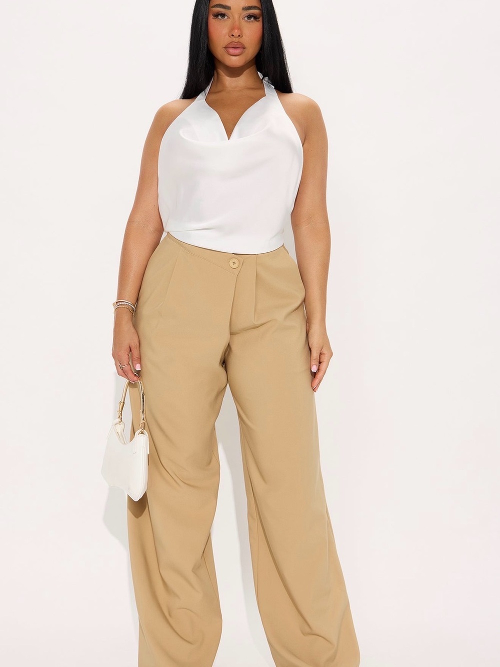 Fashion Nova Tailored High-Waist Wide-Leg Pants in Khaki